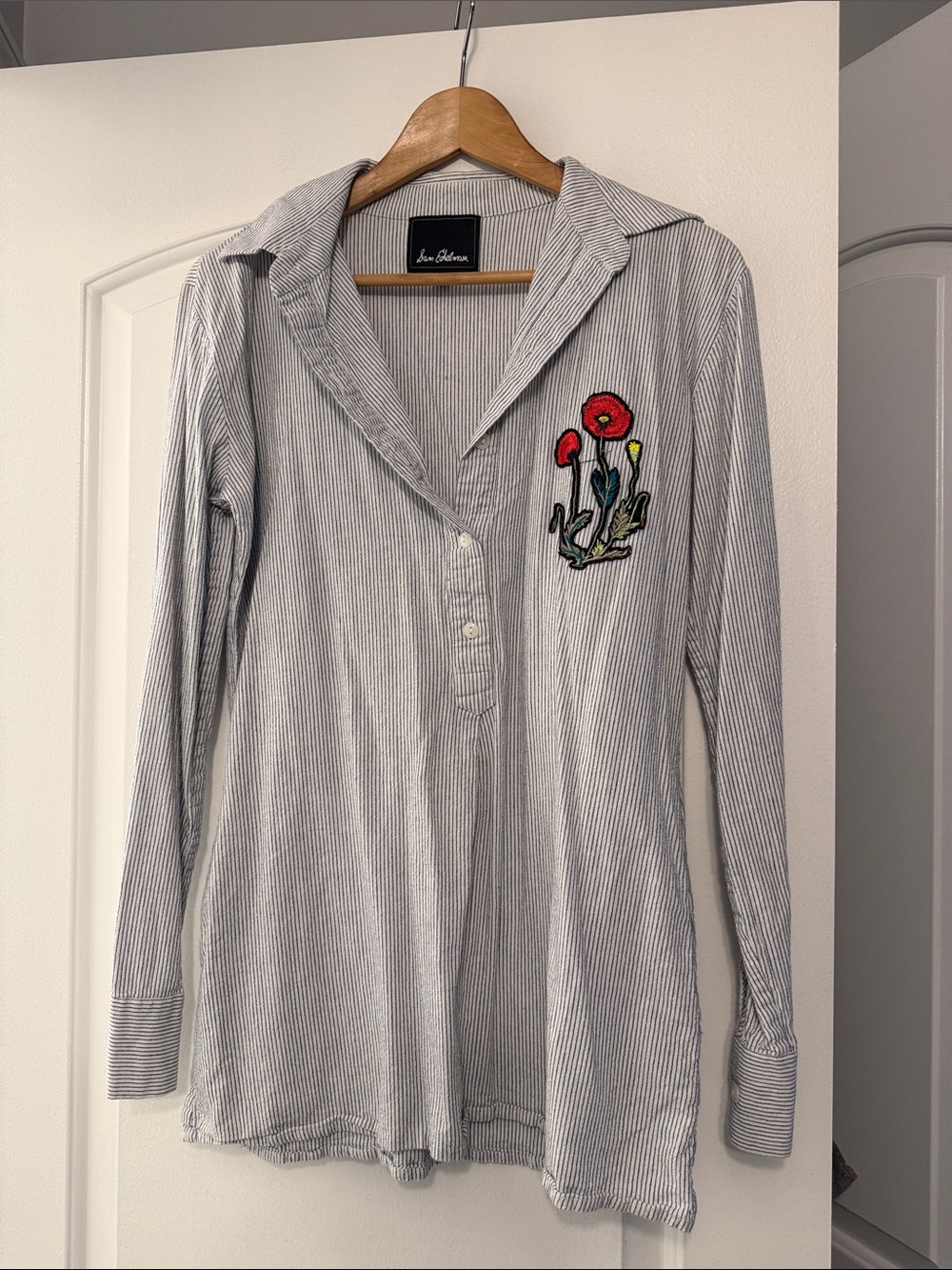 Sam Edelma Navy and White Striped Tunic with Red Floral Embroidery